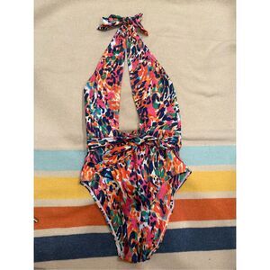 Primark colorful leopard print deep cut one piece swimsuit